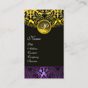 PURPLE BLACK YELLOW TOPAZ DAMASK MONOGRAM , gold Business Card