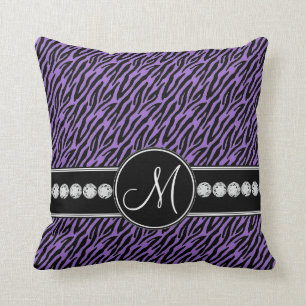 Purple Black Zebra Stripes Monogram Throw Pillow