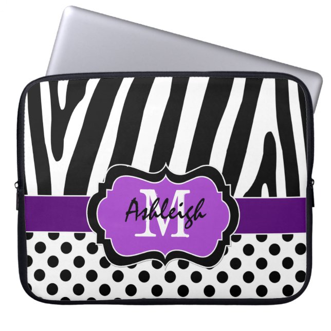 Purple Black Zebra Stripes Polka Dots Laptop Case (Front)
