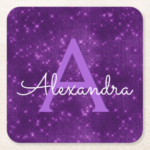 Purple Bling & Sparkle Monogram Birthday Square Paper Coaster