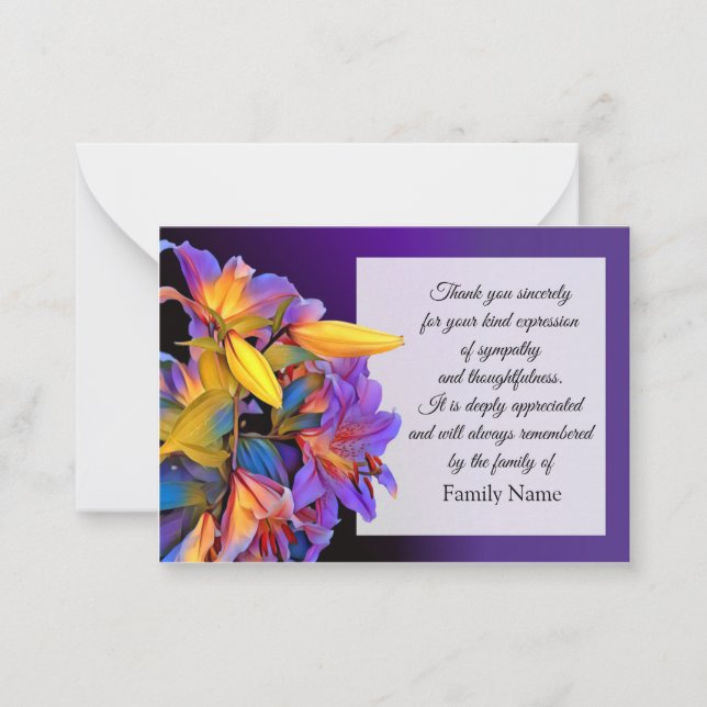 Purple Blomsterkort After Funeral Thank You Cards (Front)