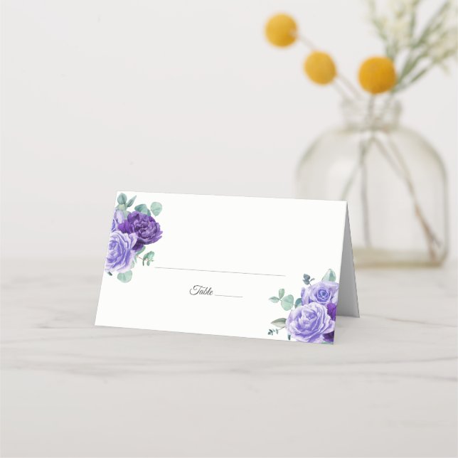 Purple Bloom Eucalyptus Botanical Wedding Place Card (Front)