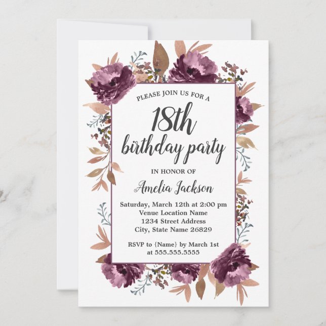Purple Bloom Watercolor 18th Birthday Invitation (Front)
