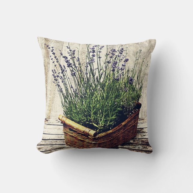 purple blooming lavender in a basket - rustic throw pillow (Front)