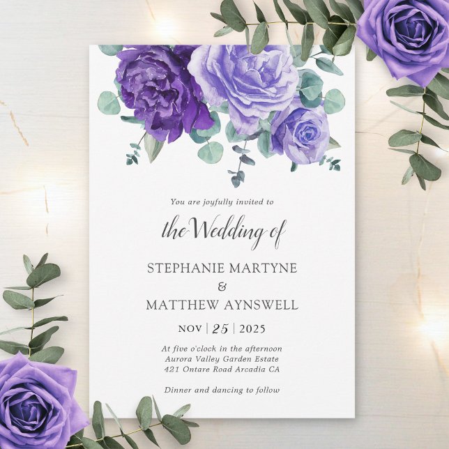 Purple Blooms Eucalyptus Botanical Wedding Invitation (Creator Uploaded)