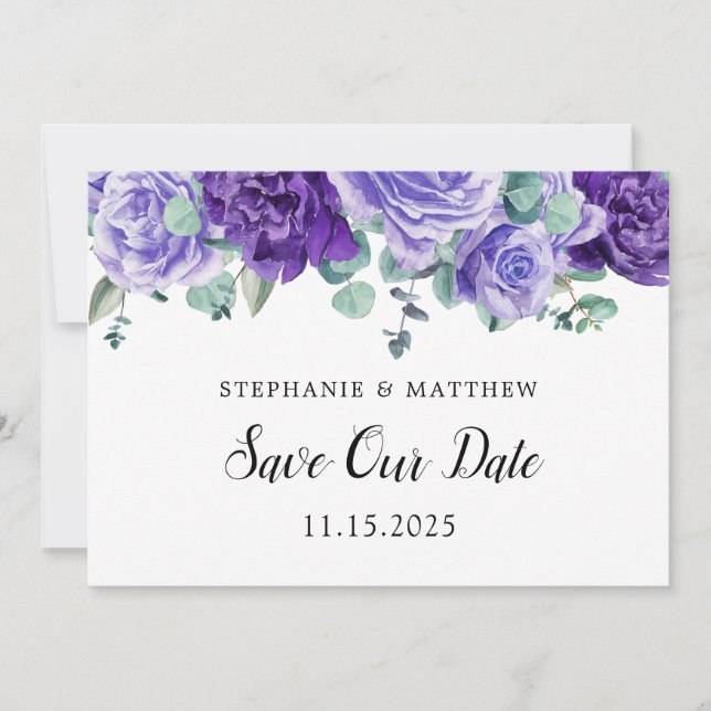 Purple Blooms Eucalyptus Botanical Wedding Save The Date (Front)