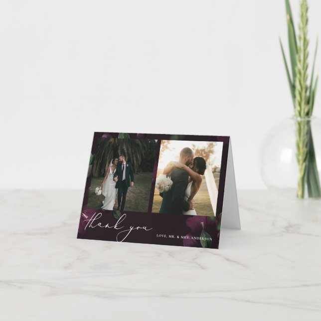 Purple Blooms Moody Calligraphy Wedding Thank You Card (Front)