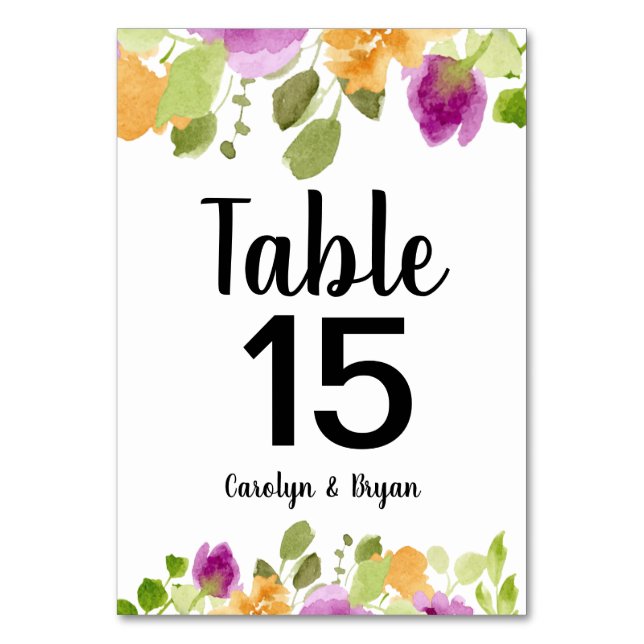 Purple Blooms Watercolor Floral Table Number (Front)