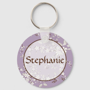Purple Blossom Customizable Name Button Keychain