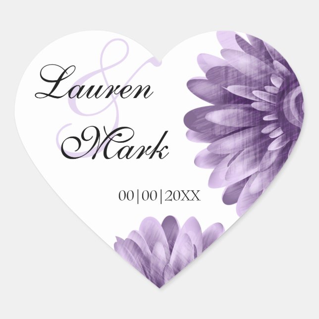 Purple Blossom Daisy Save Date Wedding Heart Sticker (Front)
