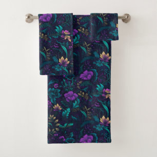 Purple Blossoms and Teal Leaves Bath Towel Set