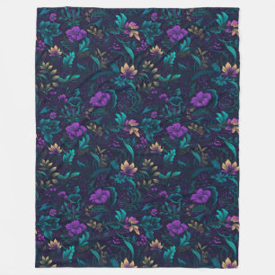Purple Blossoms and Teal Leaves Fleece Blanket