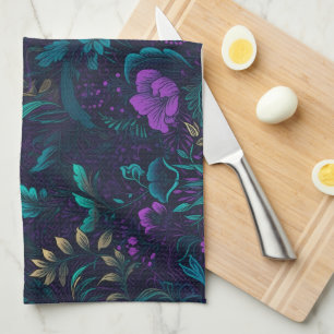 Purple Blossoms and Teal Leaves Kitchen Towel
