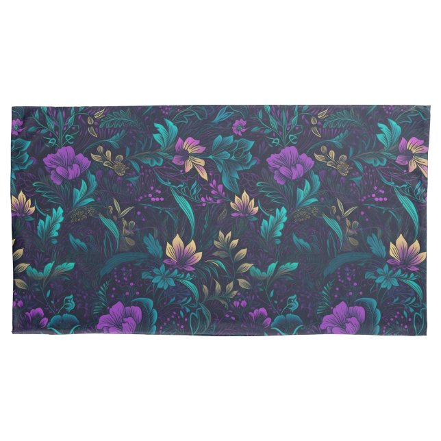 Purple Blossoms and Teal Leaves Pillowcase (Front-Left)