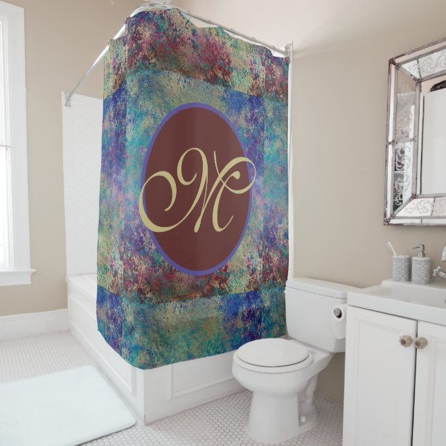 Purple Blue Abstract Monogram Shower Curtain (In Situ)