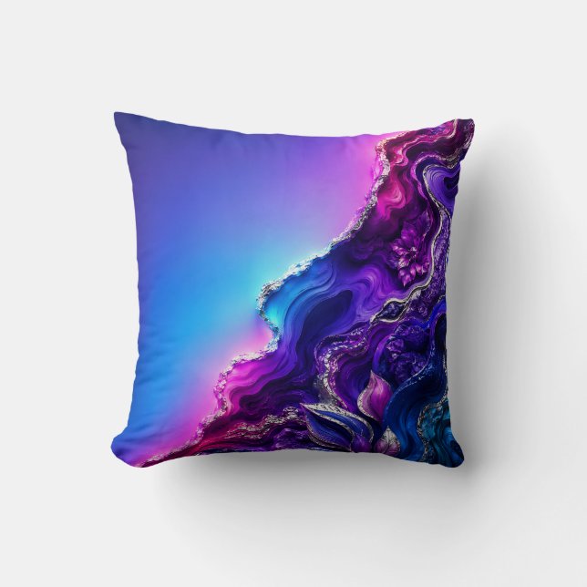 Purple Blue Agate Geode Art | Neon Marble Abstract Throw Pillow (Front)