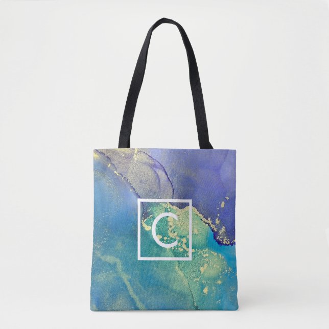 Purple Blue and Gold Abstract Art Monogram Tote Bag (Front)