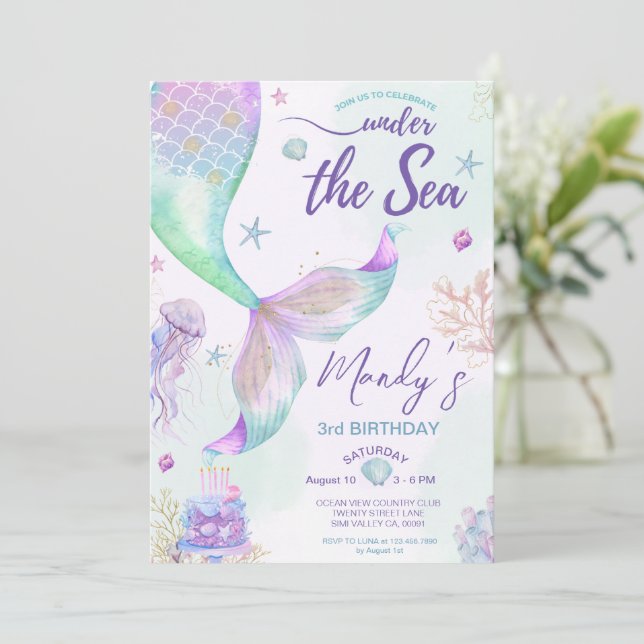 Purple Blue And Gold Mermaid Under The Sea Invitation (Standing Front)