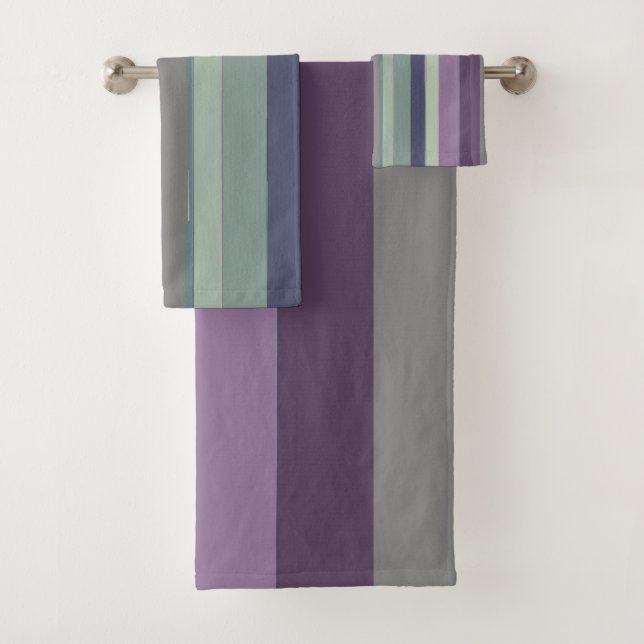 Purple, Blue and Green Abstract Stripes Bath Towel Set (Insitu)