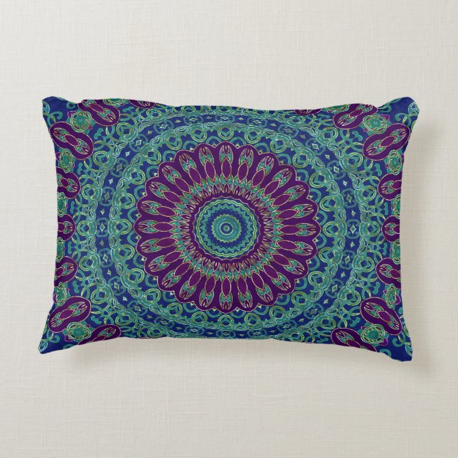 Purple, Blue and Green Mandala Accent Pillow (Back)
