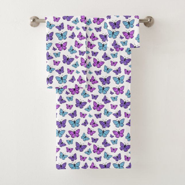 Purple, Blue, and Pink Butterfly Pattern Bath Towel Set (Insitu)
