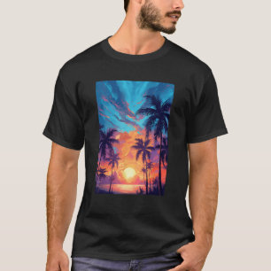 Purple Blue and Red Tropical Sunset Beach Palm Tre T-Shirt