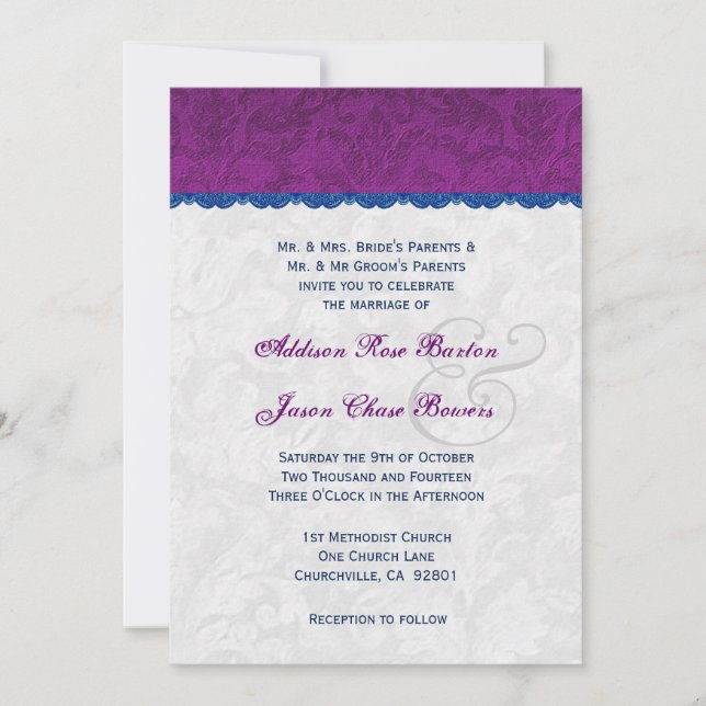 Purple, Blue and Silver Wedding Monogram V05 Invitation (Front)