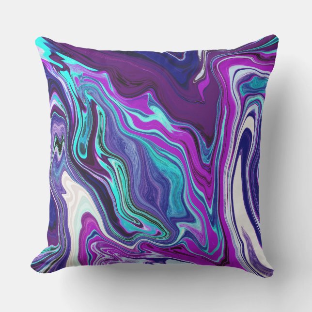 Purple, Blue and Teal Abstract Fluid Art    Outdoor Pillow (Front)