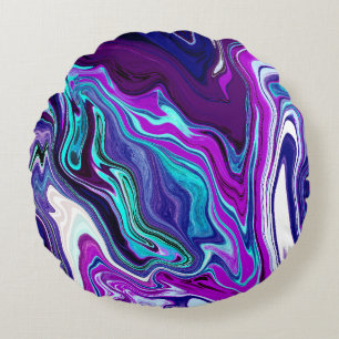 Purple, Blue and Teal Abstract Fluid Art   Round Pillow