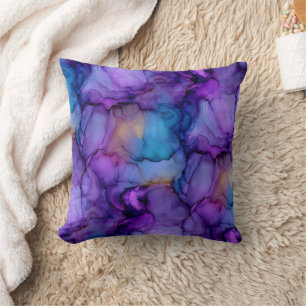 Purple Blue and Teal Fluid Alcohol Ink Marble Throw Pillow