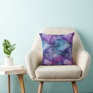 Purple Blue and Teal Watercolor Marble Clouds Throw Pillow