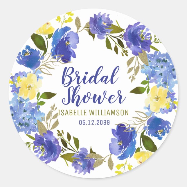 Purple, Blue and Yellow Floral Bridal Shower Classic Round Sticker (Front)