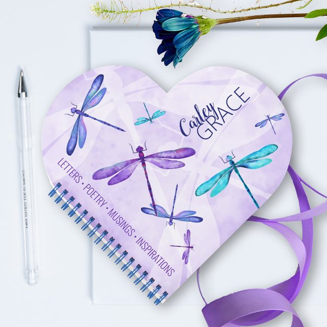 Purple, Blue, Aqua Dragonflies Journal Personnalis (cute, personalized purple, turquoise dragonfly journal, Valentine's day heart-shaped book for girl)