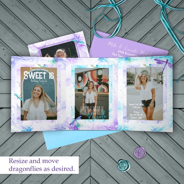 Purple, Blue, Aqua Dragonfly Sweet 16 Photo Spread Tri-Fold Invitation (Purple, turquoise, blue sweet sixteen photoshoot trifold party invitation, purple dragonfly, orchids)