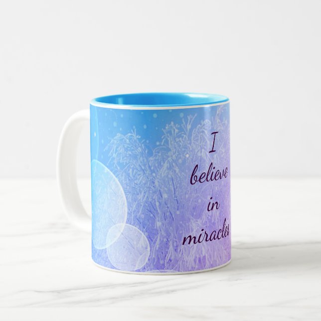 Purple / Blue believe in miracles frost design Two-Tone Coffee Mug (Front Left)