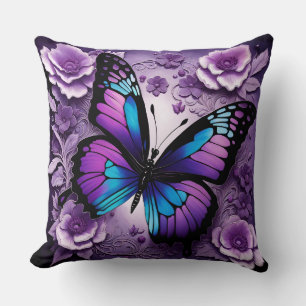 Purple Blue Butterfly Floral Throw Pillow