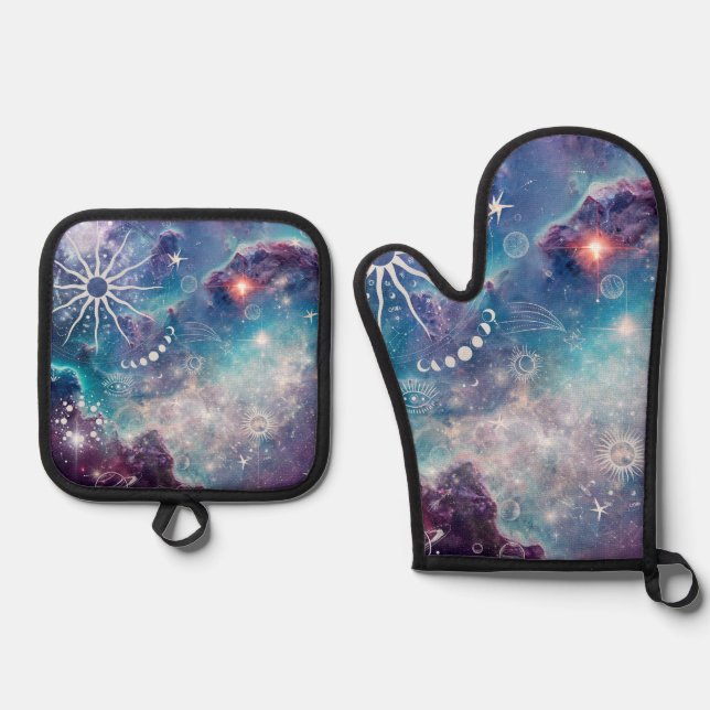 Purple Blue Celestial Pattern Oven Mitt & Pot Holder Set (Front)