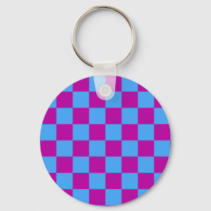Purple Blue Chequered Check Pattern Keychain