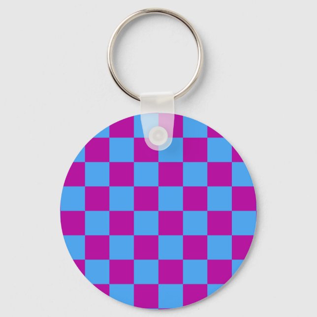 Purple Blue Chequered Check Pattern Keychain (Front)