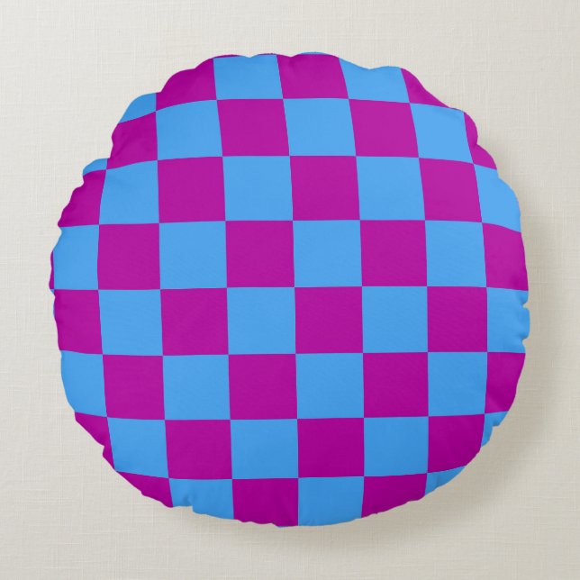 Purple Blue Chequered Check Pattern Round Pillow (Front)