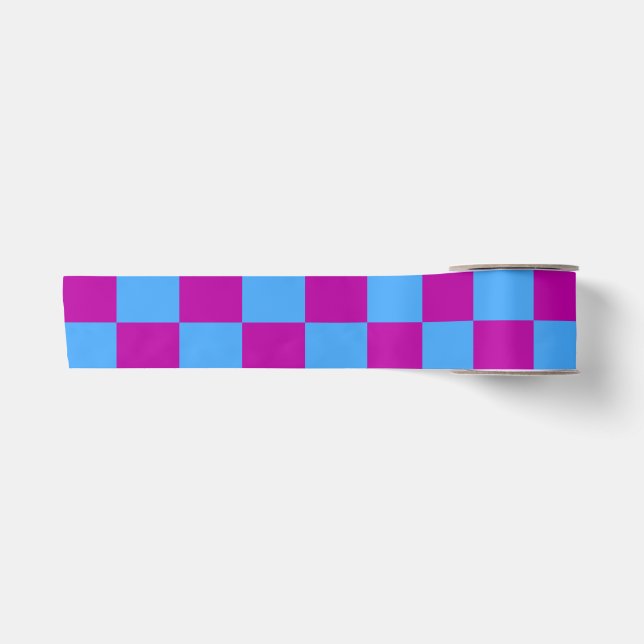 Purple Blue Chequered Check Pattern Satin Ribbon (Front)