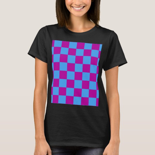 Purple Blue Chequered Check Pattern T-Shirt (Front)