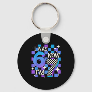 Purple blue chequered was 6 7 67 birthday girl boy keychain