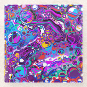 Purple, Blue Colourful Bubbles Abstract Modern  Glass Coaster