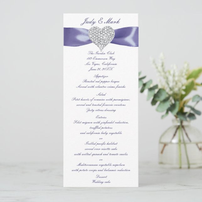 Purple Blue Diamond Heart Wedding Menu Card (Standing Front)