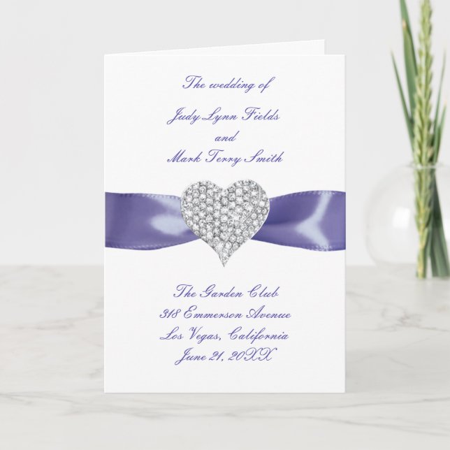 Purple Blue Diamond Heart Wedding Program Card (Front)