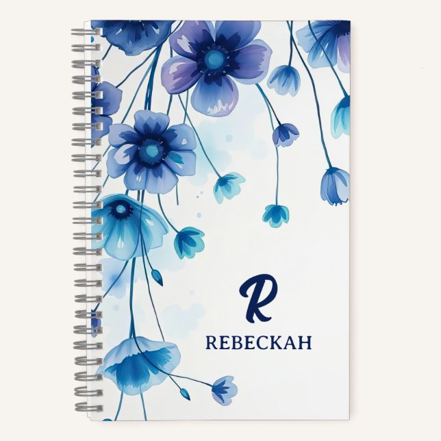Purple Blue Elegant Watercolor Flowers Monogram  Notebook (Front)