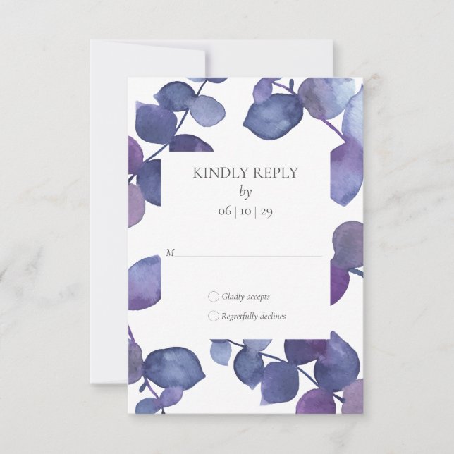Purple Blue Eucalyptus Leaves Floral RSVP Card (Front)