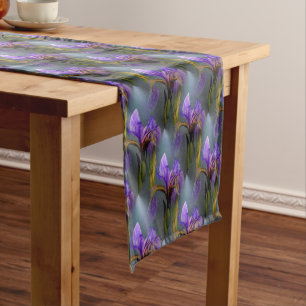 Purple Blue Flag Iris Flowers Nature Pattern Short Table Runner