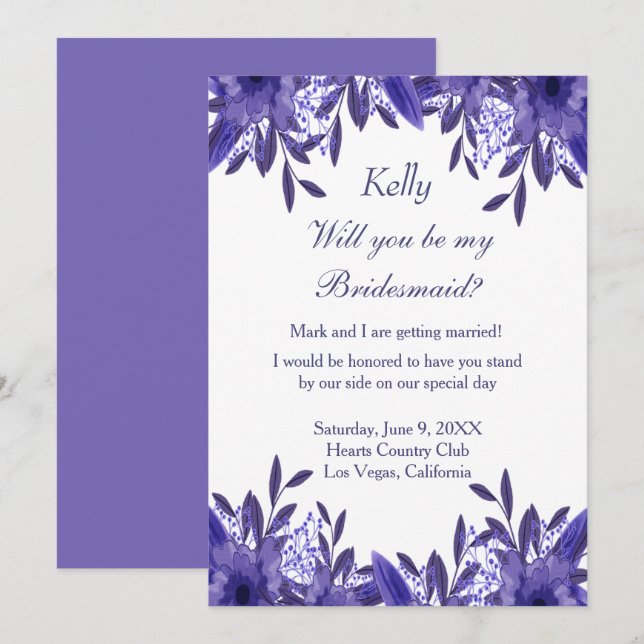 Purple Blue Floral Foliage Bridesmaid Card (Front/Back)